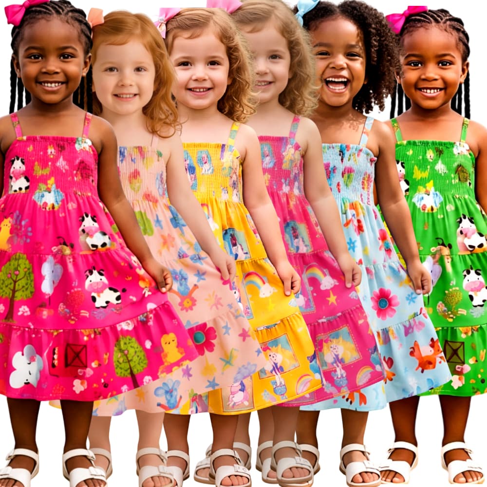 Kit 5 Vestido Infantil Com Alça Reguladora Estampado Personagens  Meninas