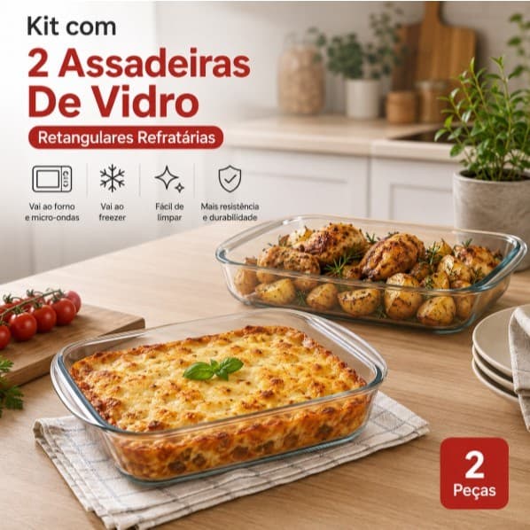 Kit Assadeiras Vidro Retangular Refratário 2 Tamanhos Resistentes Duráveis Segurança Cozinha