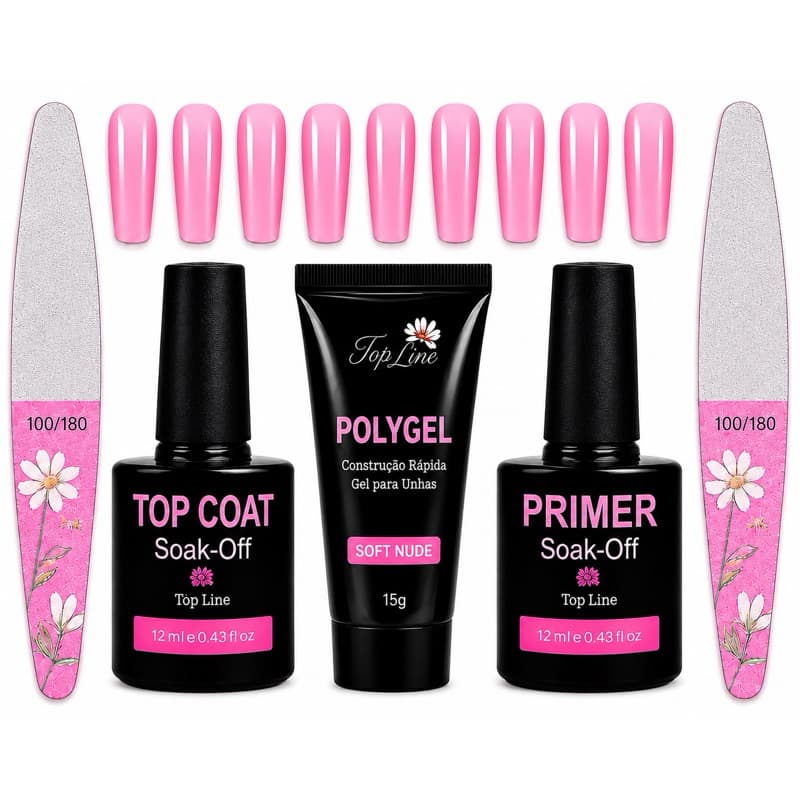 kit de Unhas Polygel Iniciante Alongamento de Unhas Manicure Top Coat Primer Lixa Moldem F1 Poligel