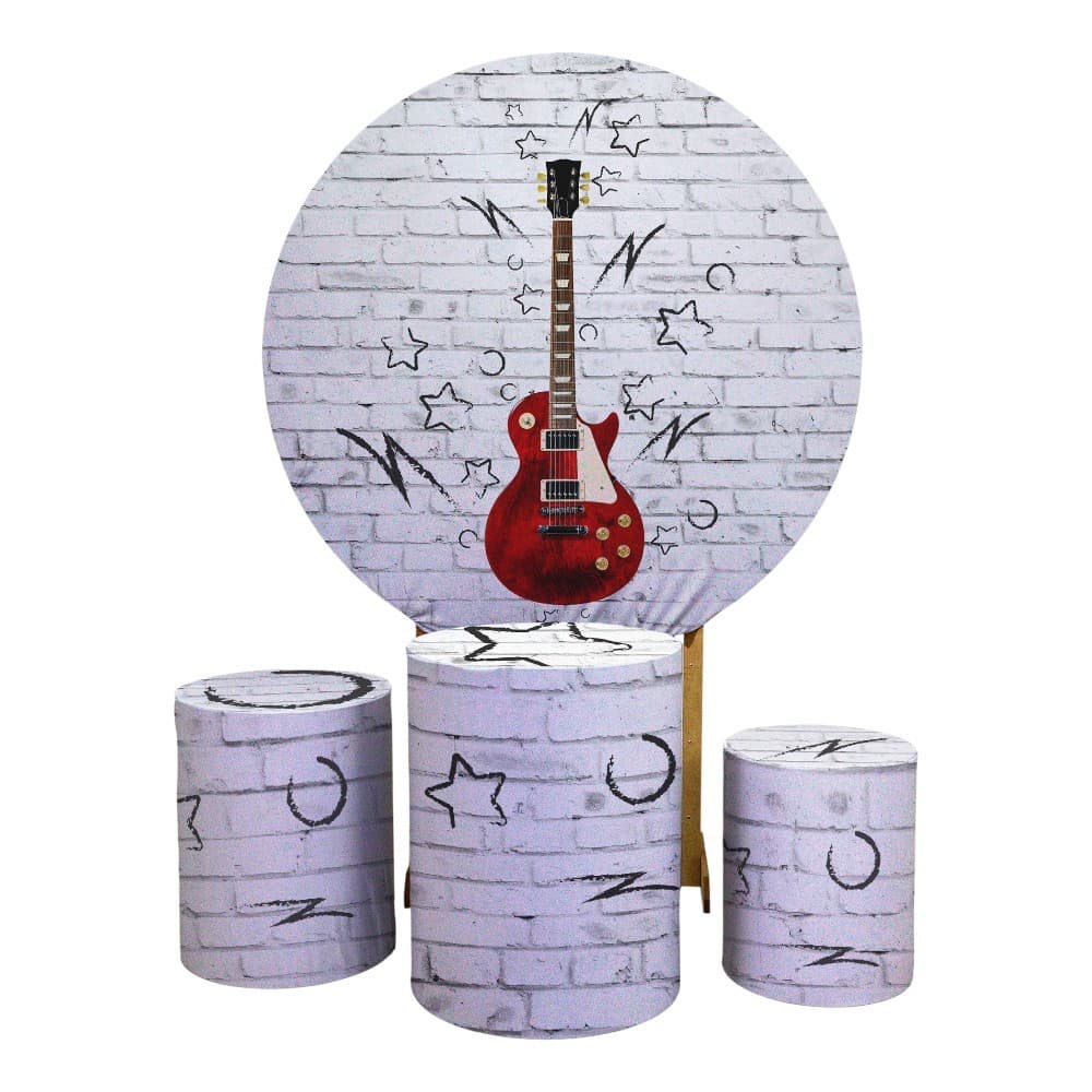 Kit Capa Painel Redondo + Trio Capas Cilindros Sublimado Helanca Tema Musical Instrumento Violão Decorativo