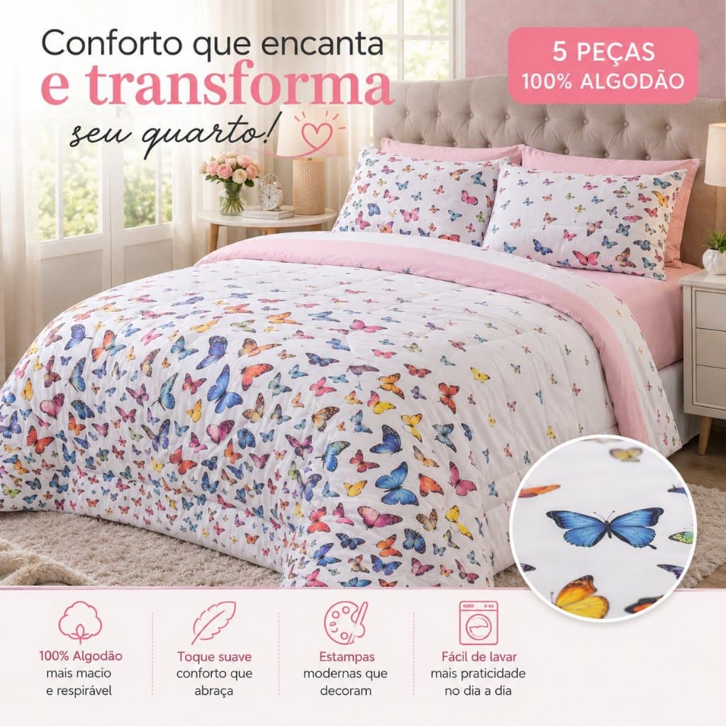 Edredom Queen 5 peças Estampa Borboletas 2,50x2,65m Toque Macio