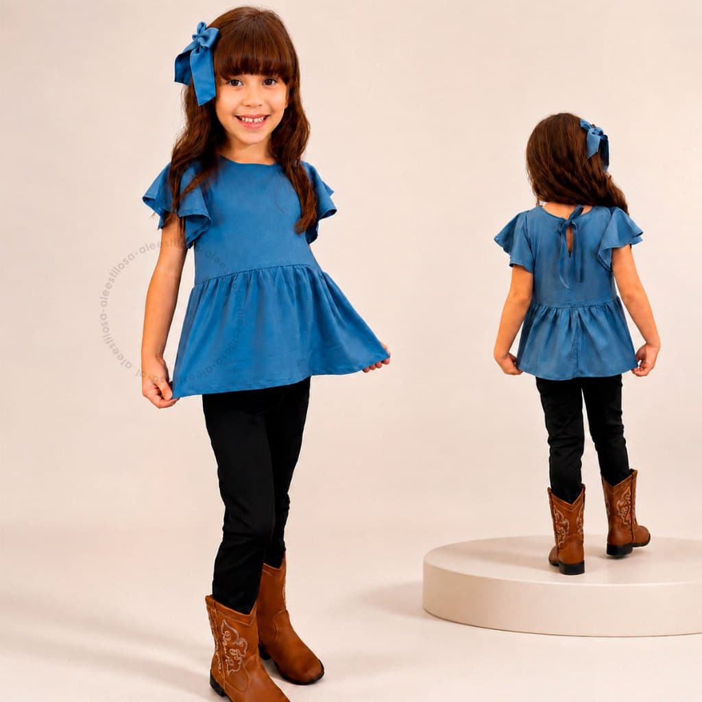Conjunto Peplum Infantil Menina Feminino Laço Calça Blusa Poliéster Elegante
