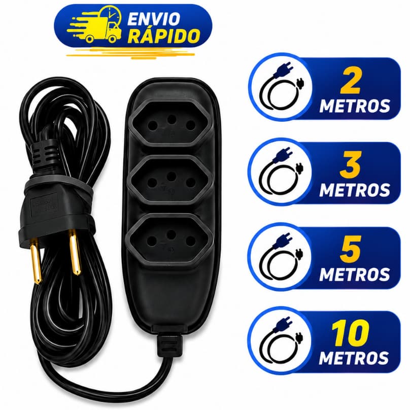 Extensão Elétrica Bivolt 2 a 10 Metros 3 Tomadas 10A Tripolar Padrão BR Reforçada