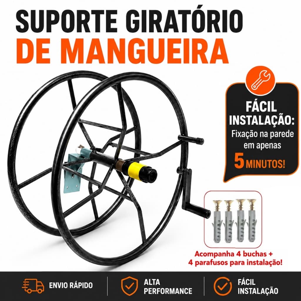 Suporte Giratório Mangueira Jardim Enrolador Organizador 30 Metros Buchas Parafusos