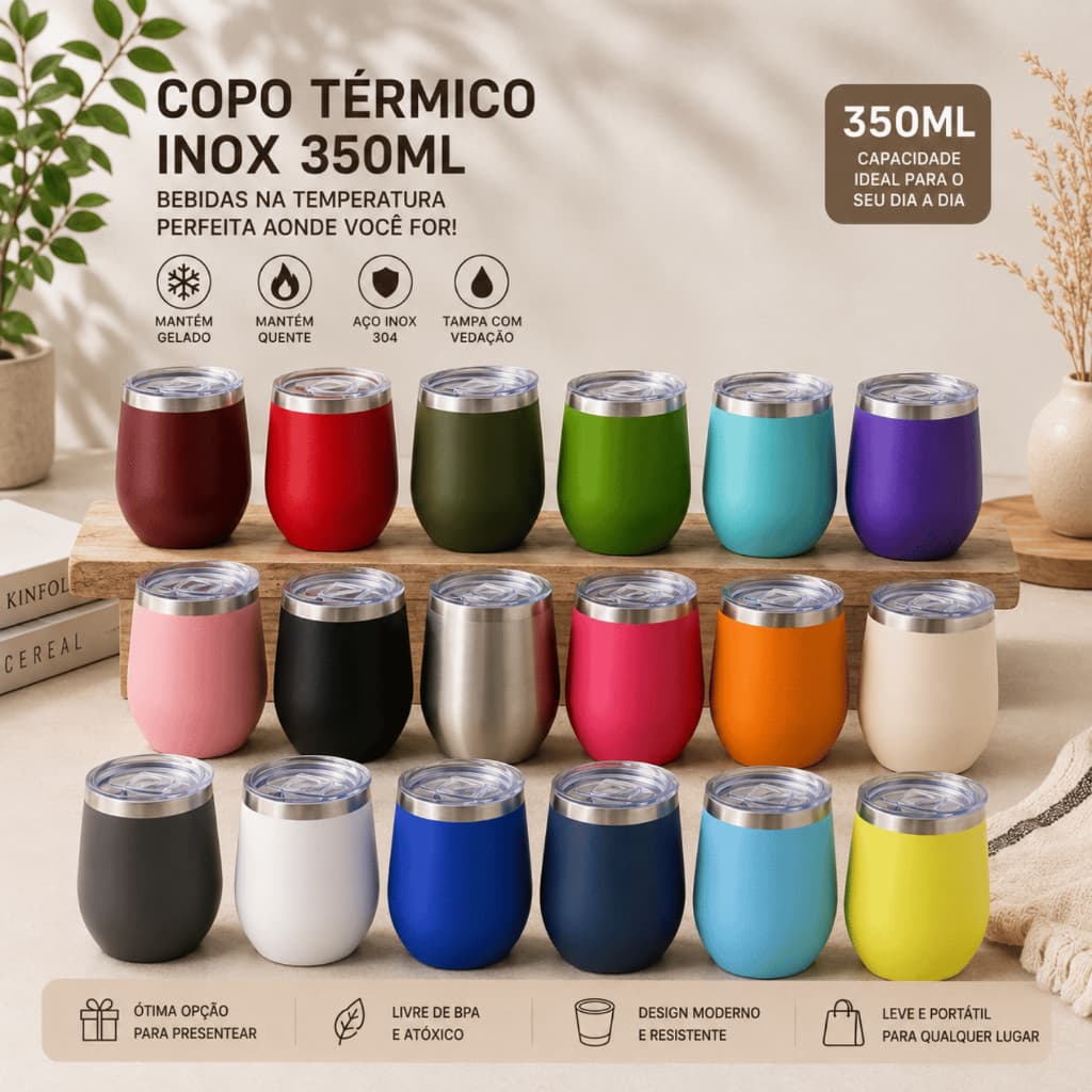 Copo Cuia Térmico 350ml Inox com Tampa Redondo Parede Dupla Ideal para Água Café Cerveja Chá