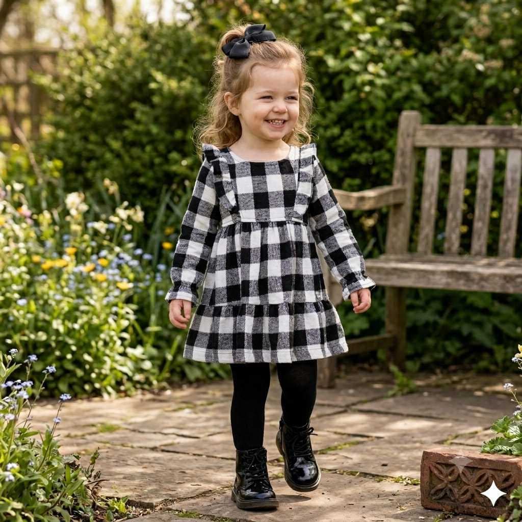 Vestido Infantil Xadrez  preto e branco Manga Longa e babado Outono/Inverno 1 a 6 anos junino
