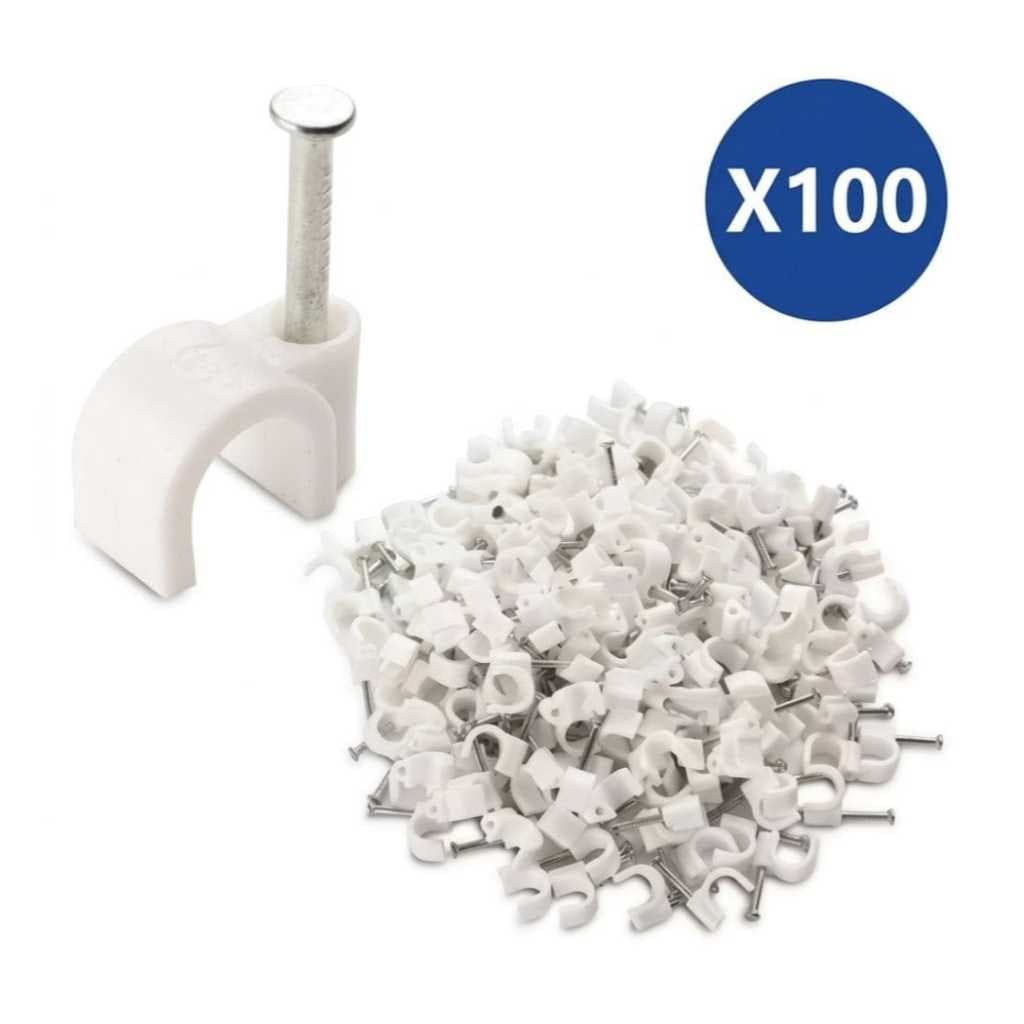 KIT 100 Miguelao RG59 6mm Grampo Fixa Fio Cabo Coaxial  Branco Passa Fio Acabamento