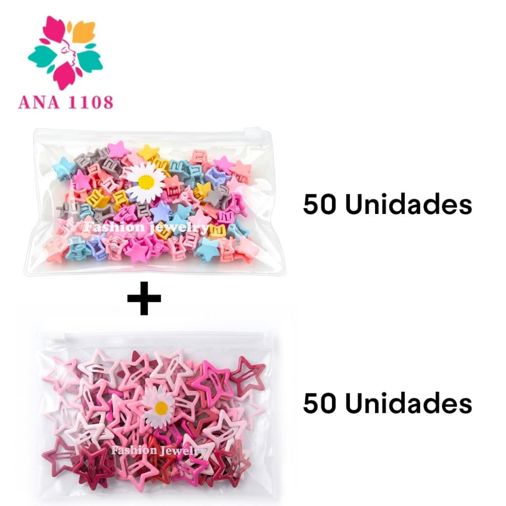 ANA1108 Kit 50Peças Grampos De Cabelo Estrela Dopamina Cor Rosa+50Mini Small Grab
