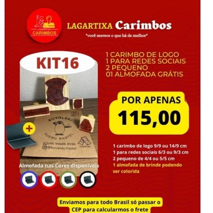 kit carimbos 16 ( 1 carimbo de logo + 2 carimbos para tag + 1 de rede social + almofada