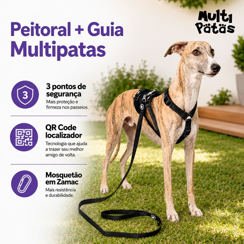Peitoral Cachorro Com Guia Qr Code Localizador Multipatas Ajustável Preto