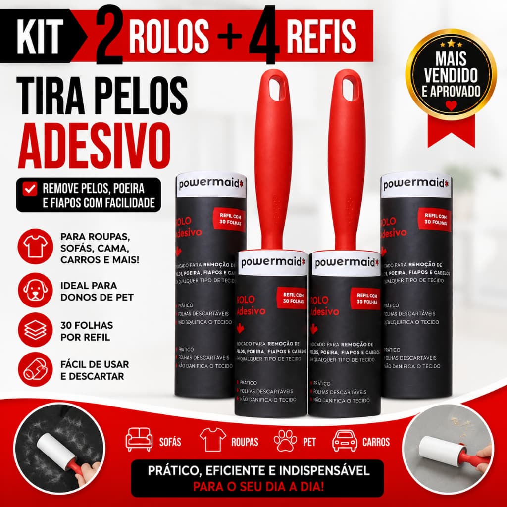 Kit 2 Rolo Adesivo 4 Refil Tira Pelos Bolinha Fiapos Roupa Total 180 Folhas Camesa