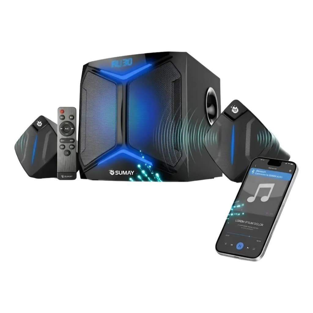 Mini System Sumay 300W RMS Bluetooth USB FM Caixa de Som 2.1 Subwoofer Grave Potente Controle Remoto Tv Radio