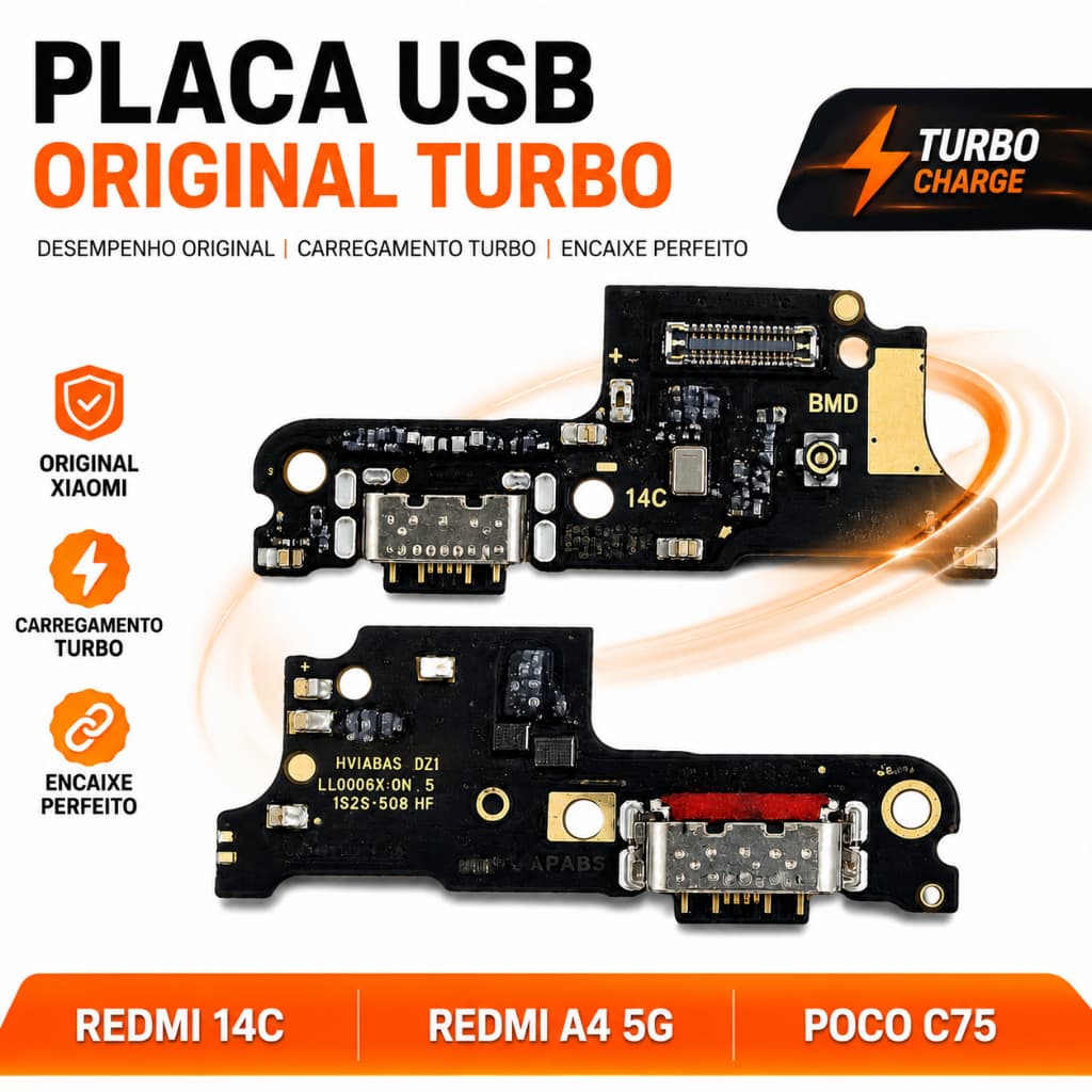 Placa USB Poco C75 / Redmi 14C / A4 5G Conector Dock Turbo de Carga  USB C Original Reposição