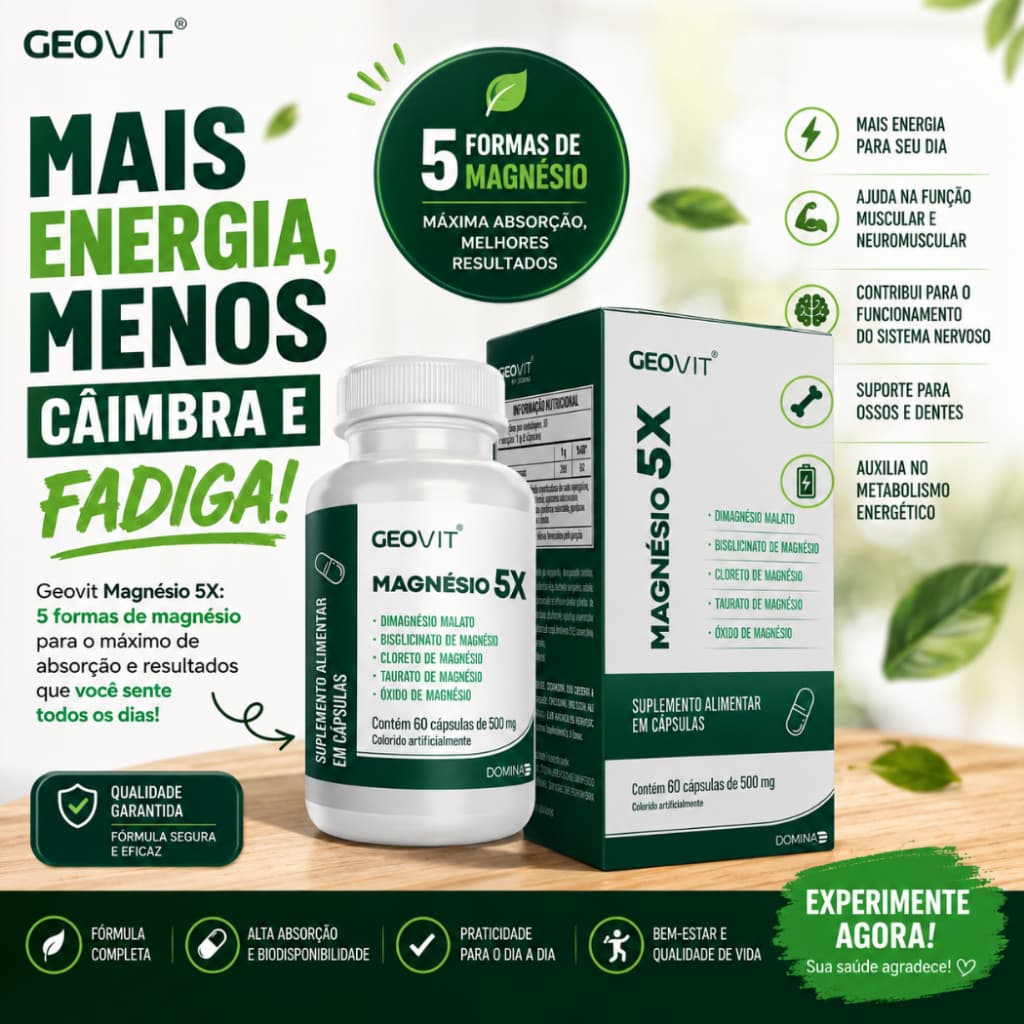 Magnésio 5X 60 Cápsulas A2F Geovit Sem Sabor