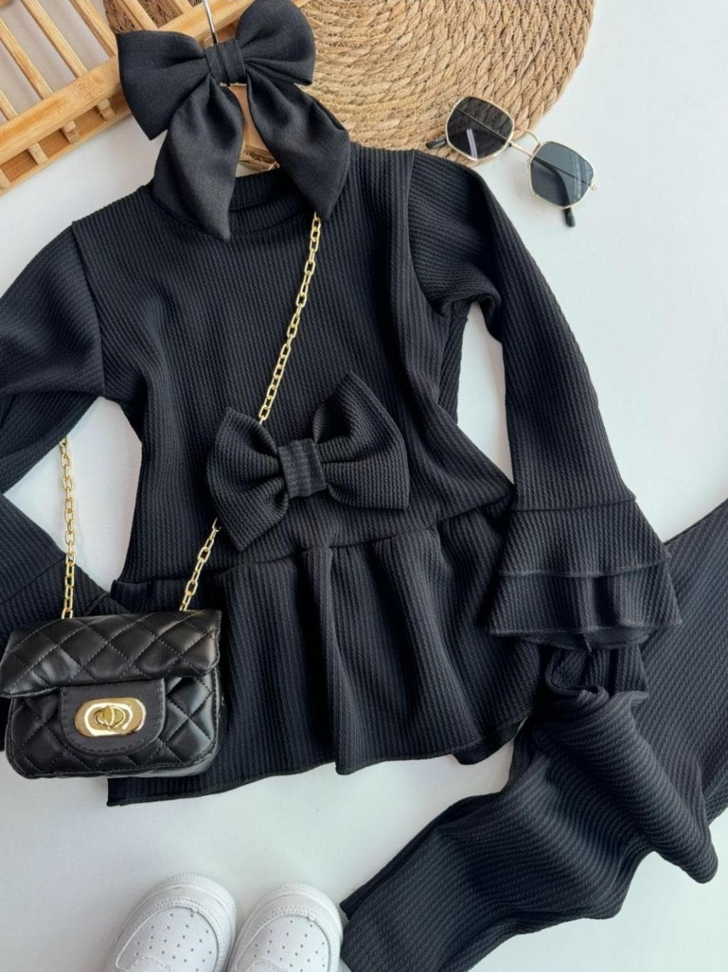 Conjunto Canelado Infantil Menina Blusa Manga Longa com Laço e Caça Para Frio Festa.