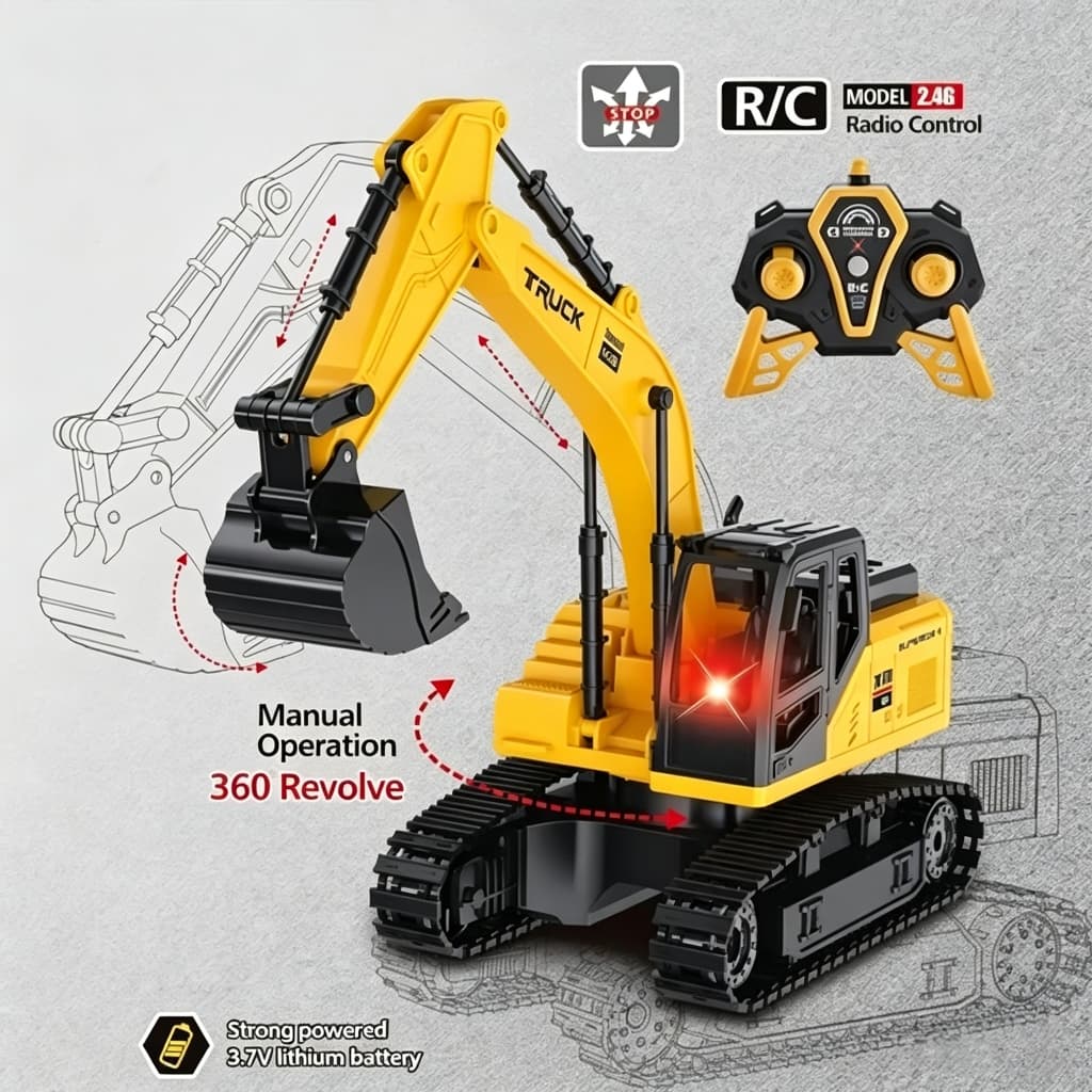 Escavadeira Controle Remoto Trator RECARREGÁVEL Concha Metal 2.4G Luzes LED Brinquedo Presente