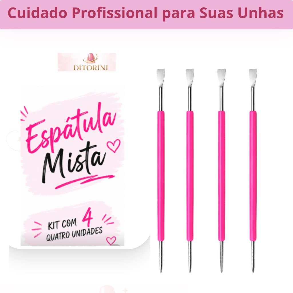 Kit 4 Espátulas Mistas Para Cutícula Aço Inox Profissional Cabo Rosa Manicure Pedicure