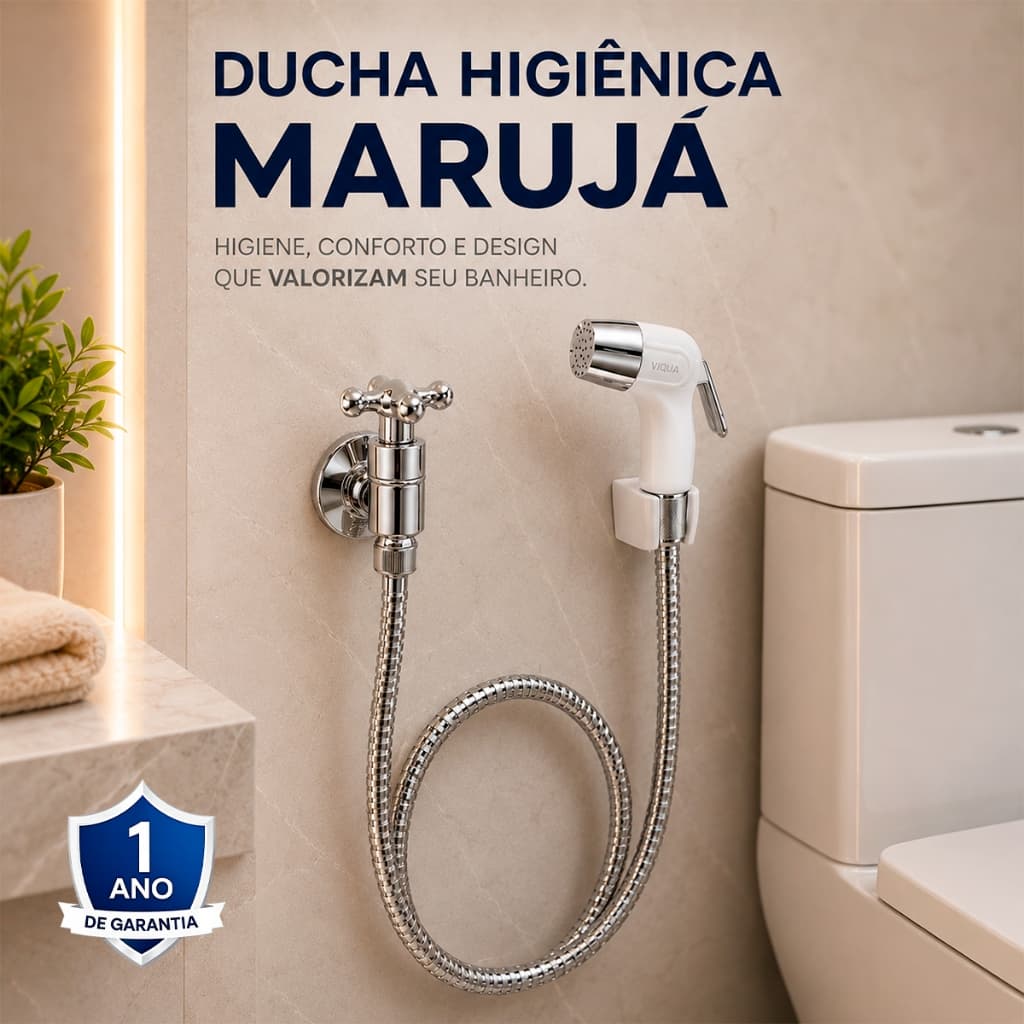 Chuveirinho Higiênico Luxo Ducha Higiênica Viqua Chuveiro Higiênico Banheiro Cromado e Branco ABS