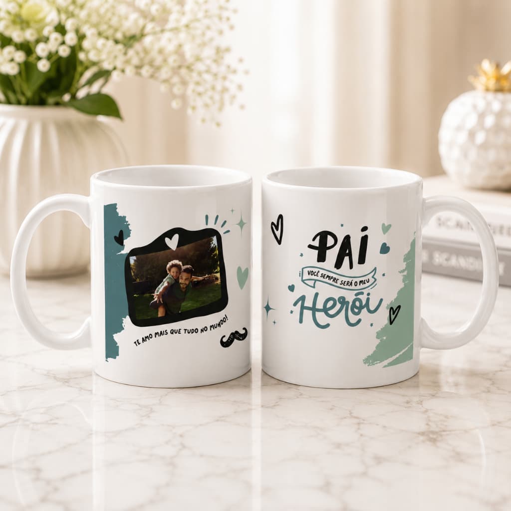 Caneca com Foto para Pai Personalizada Modelos Exclusivos Pai Herói Presente Criativo 325ml