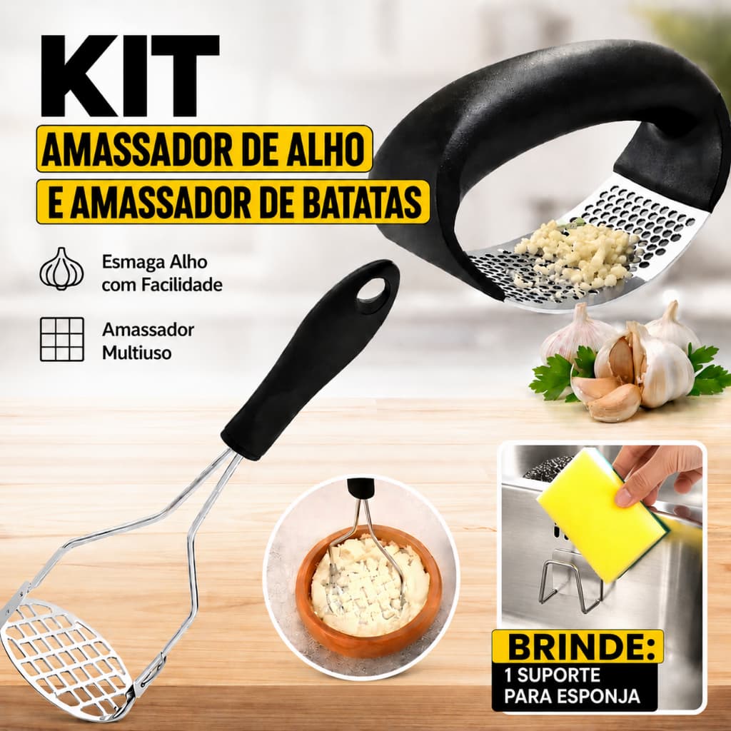 kit cozinha com1 amassador triturador de alho e 1 amassador batatas legumes feijão inox mas brinde 1 suporte para bucha