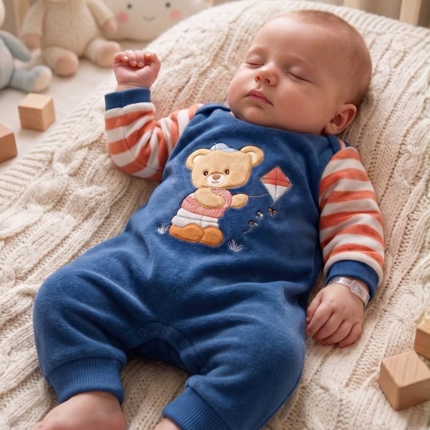 Macacão Bebê Menino Plush Manga Longa Quentinho Bordado Luxo Marinho Roupa de Inverno Premium
