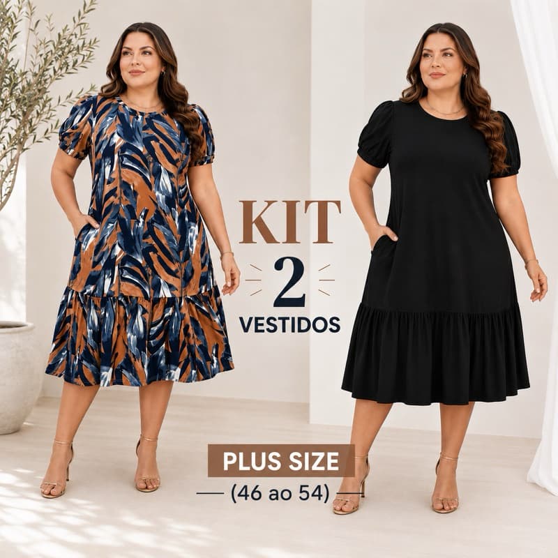 KIT 2 Vestidos PLUS SIZE midi feminino estampado casual confortável soltinho elegante dia evangélico
