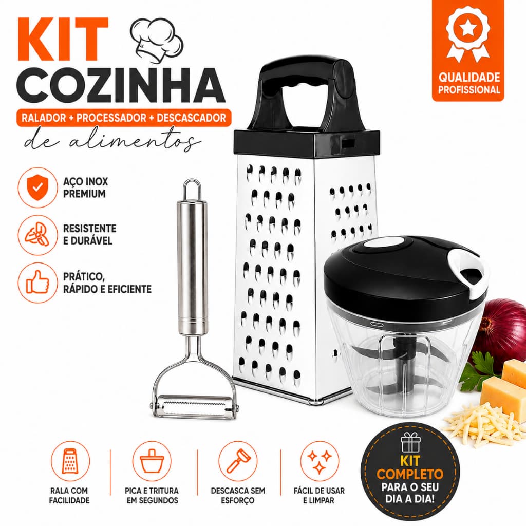 Kit Cozinha Completo Ralador 4 Faces Inox + Processador Manual 500ml + Descascador Inox