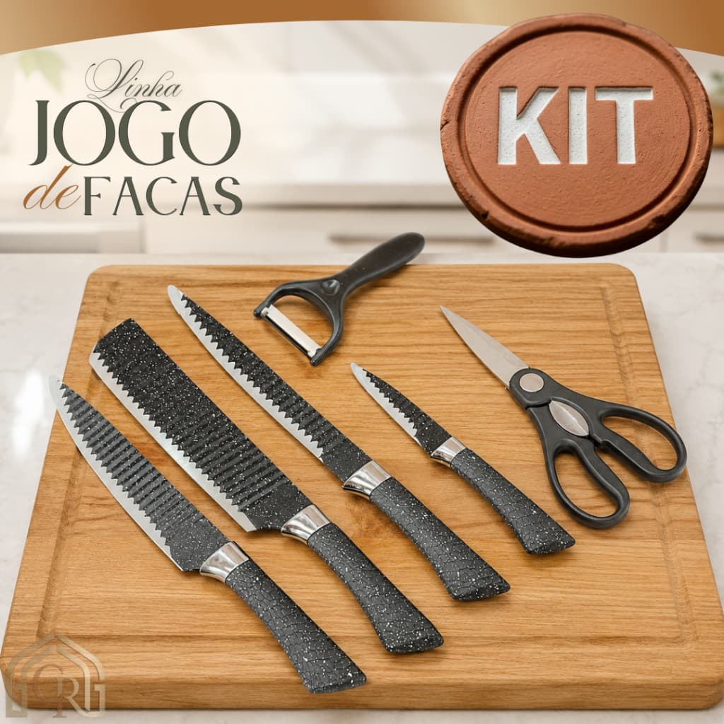 Kit Jogo Facas Cozinha Inox 6 Peças Cabo Ergonômico Afiadas