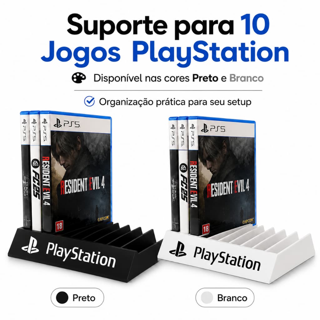 Suporte P/ 10 Jogos PlayStation PS5 PS4 Organizador Porta Games Preto Branco Organizador PS5 PS4 Porta Jogos PlayStation