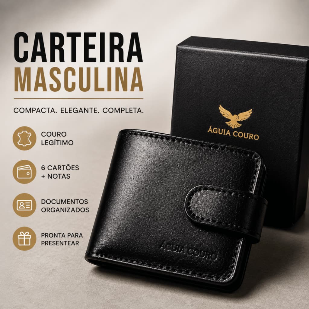 Carteira Masculina Couro Legítimo Compacta Porta Cartões Porta Documentos Com Fecho Caixa Presente