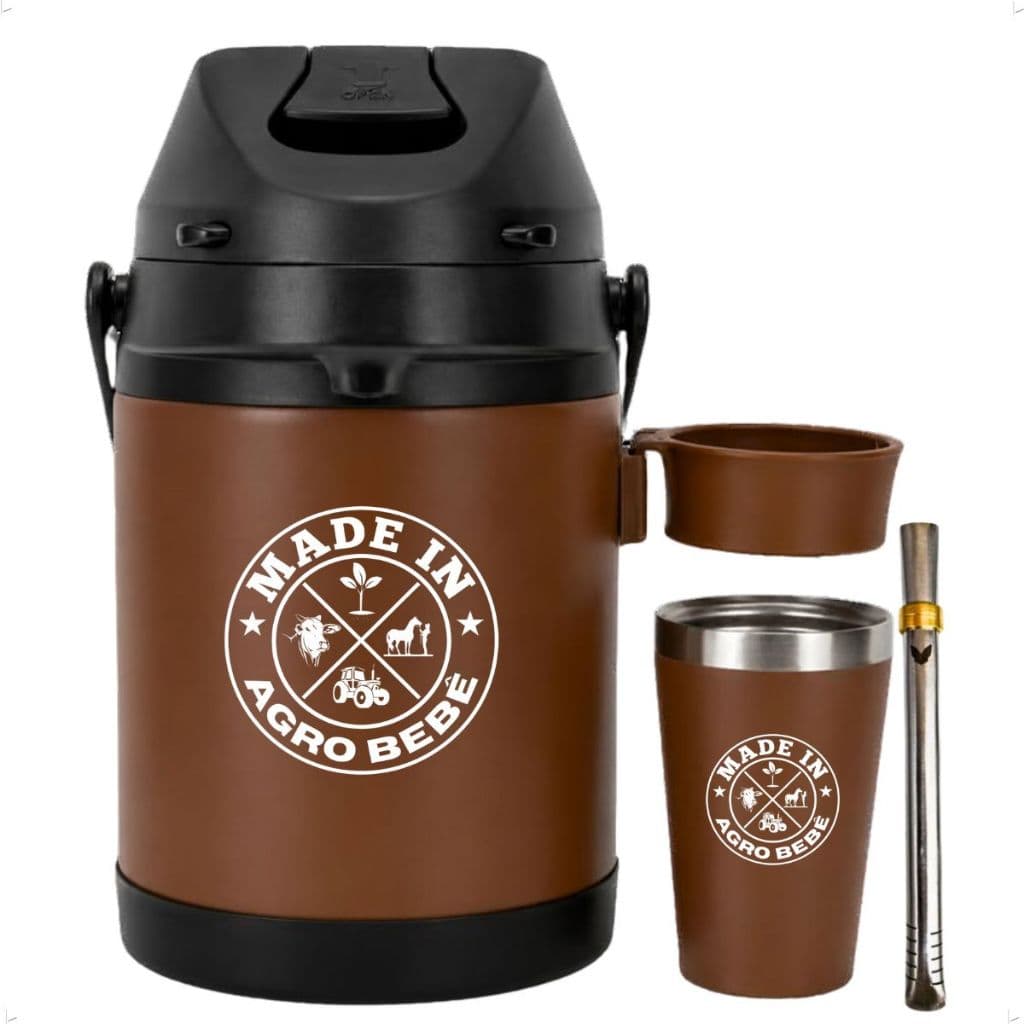 Kit Terere Chacal Garrafa Térmica Inox 2,5 L Suporte Copo Térmico 200ml Bomba Chacal Marrom Agro