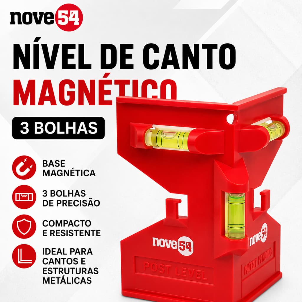 Nível de canto base magnética, 2 bolhas horizontais e 1 bolha vertical Nove54