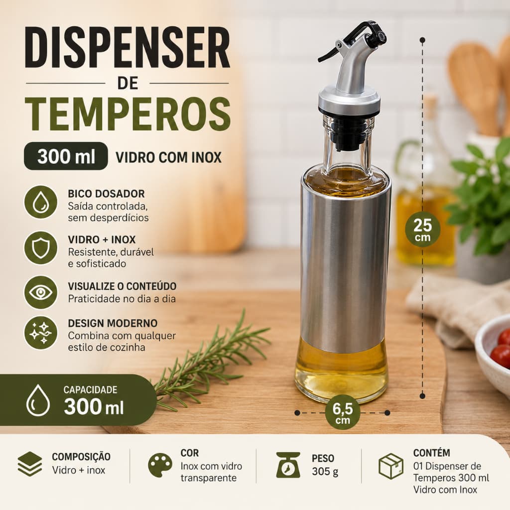 Dispenser de Azeite 300ml Vidro com Inox Bico Dosador Galheteiro para Vinagre Molhos Cozinha
