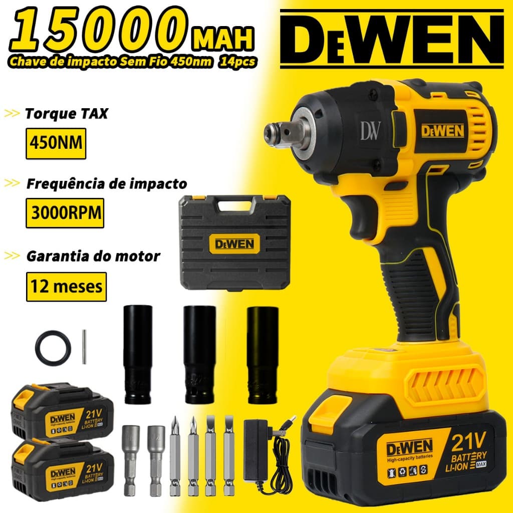 Chave de impacto Sem Fio 450nm sem escova 14pcs com 2 baterias Com Maleta e Acessórios (127v/220v )