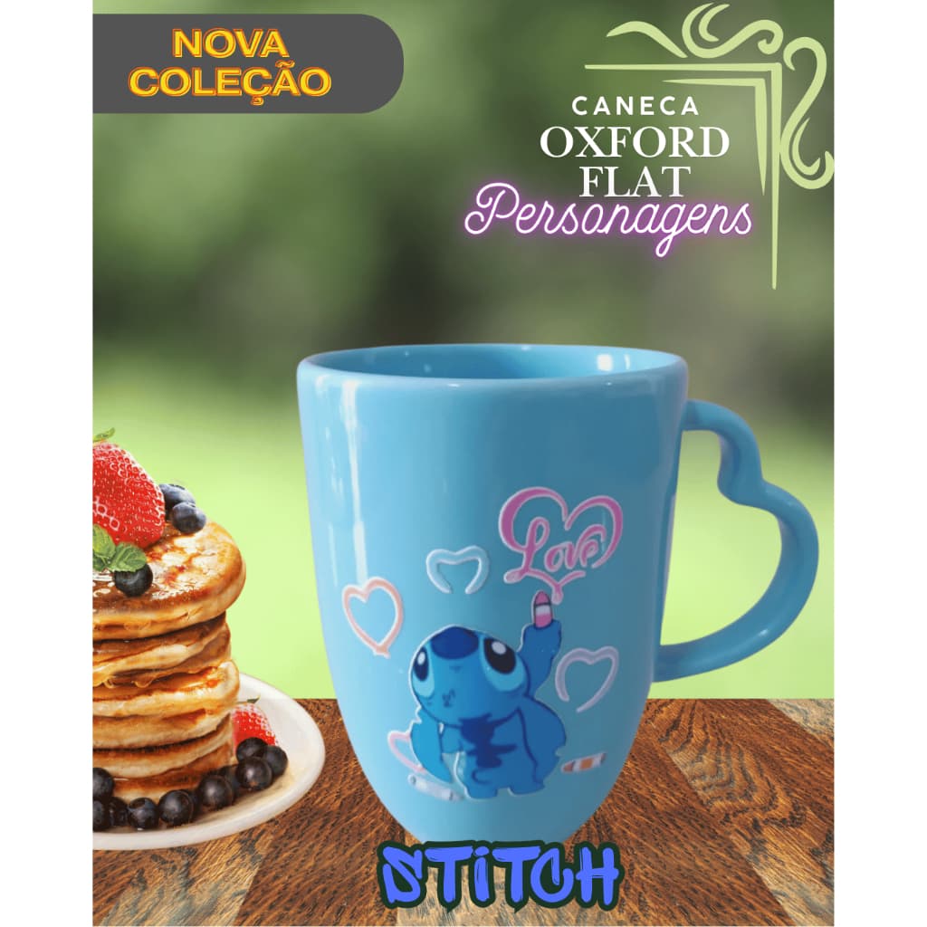 Caneca de Cerâmica Oxiford Flat Alça Coração 350ml Colorida Personagem  Stitch | Presente Criativo | Alta Qualidade
