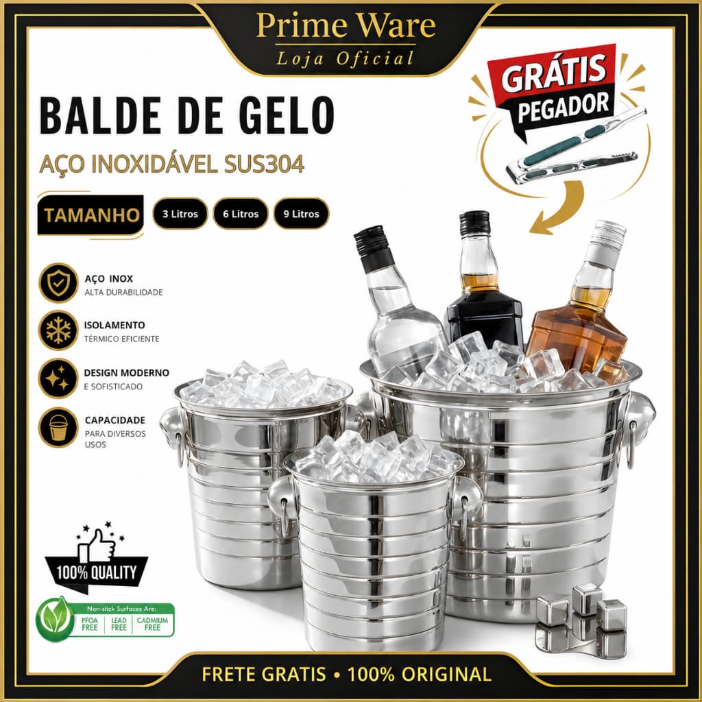 Balde de Gelo Aço Inox 3/6/9L Multiuso Festa Casa Bar Resistente Premium