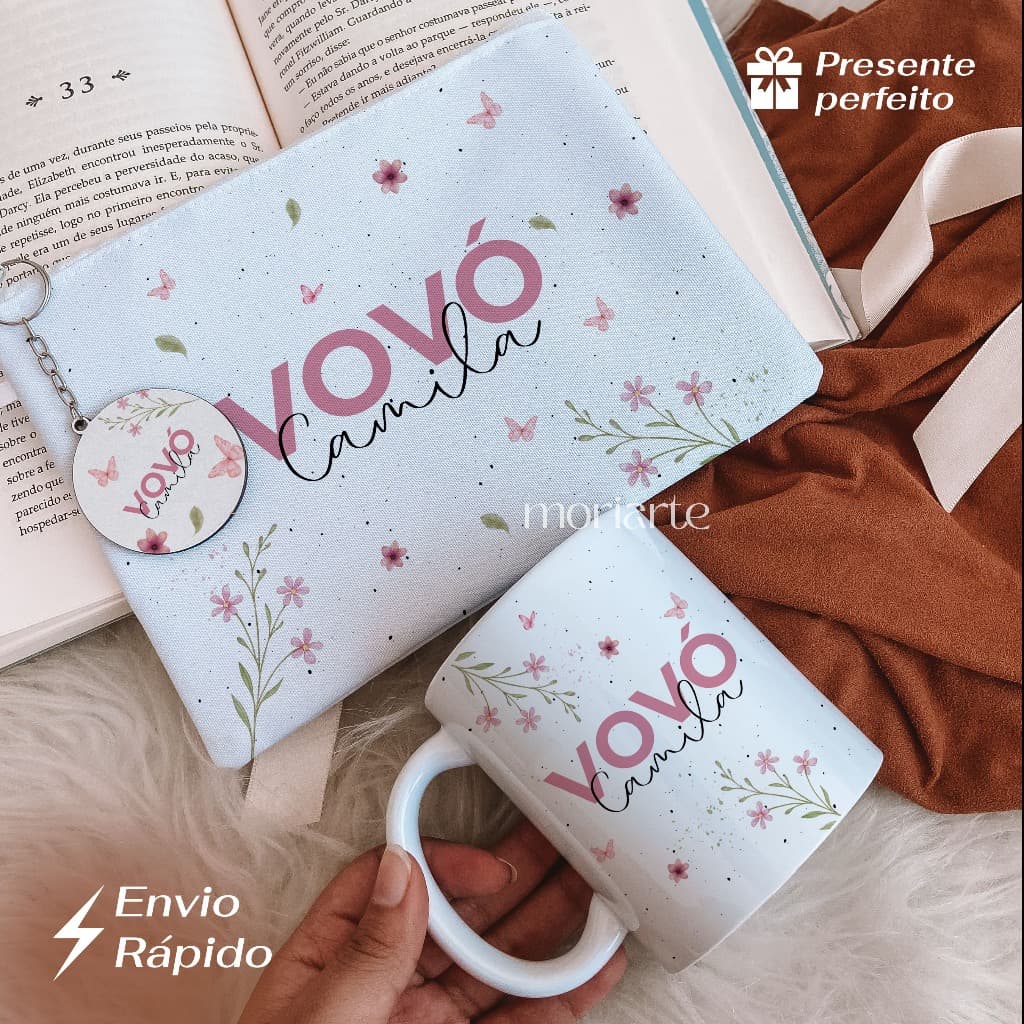 Presente avó, kit caneca personalizada+necessaire e chaveiro com nome, presente personalizado
