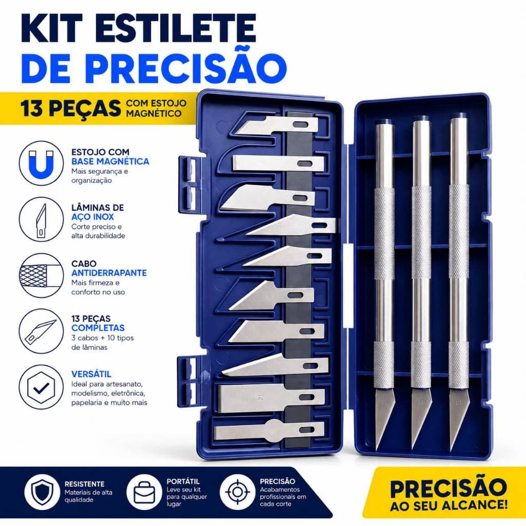 Kit Estilete Bisturi de Precisão 13 Peças Tipo Bisturi com Estojo Magnético Artesanato Artesão Modelismo Aeromodelismo