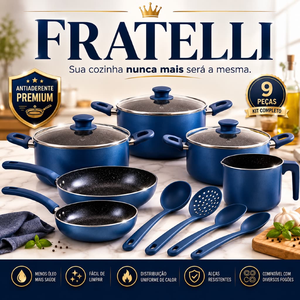 Jogo Panelas Antiaderente 9 Peças Azul Revestimento Durável Cozinha Prática Fácil Limpeza