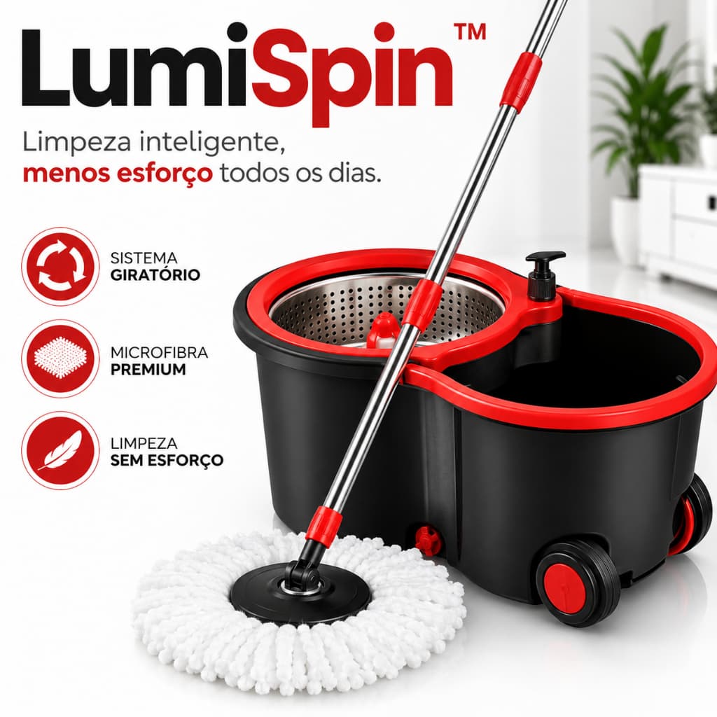 Mop Giratório com Balde 360° LumiSpin™ Esfregão Profissional Microfibra com Rodas para Todos os Pisos