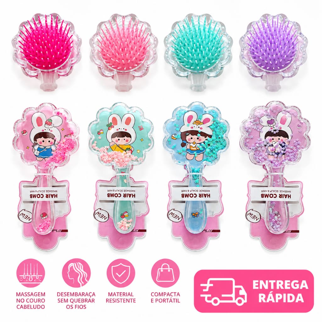 Escovas Para Cabelo com Lantejoula Colorida Infantil Menina