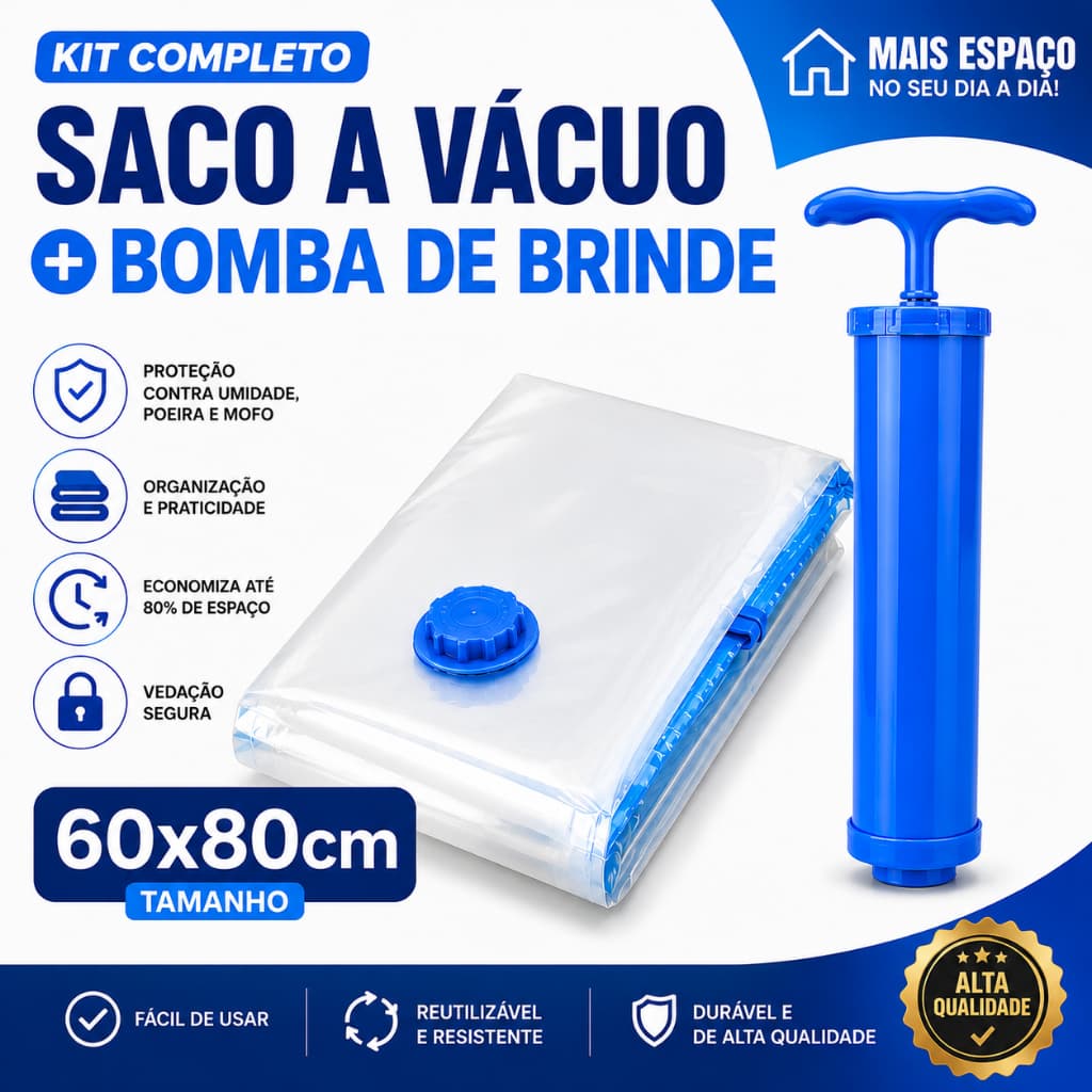 Kit Saco a Vácuo 60x80cm com Bomba Manual Organizador para Roupas, Cobertores, Edredons e Viagem