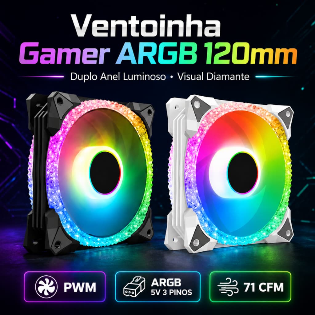 Ventoinha ARGB 5V 120mm para Gabinete PWM 71CFM AS2