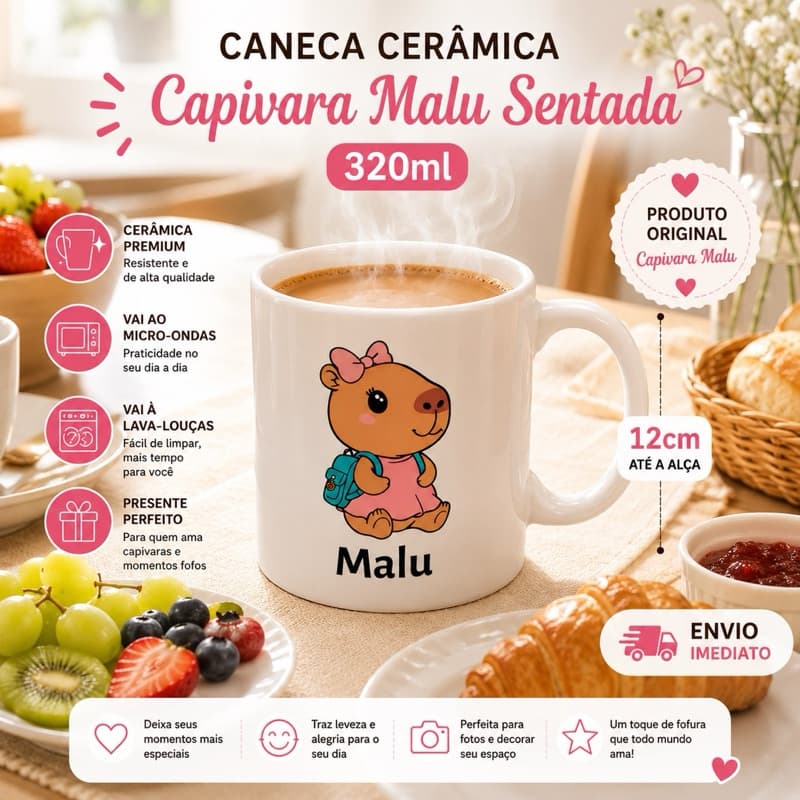 Caneca Ceramica Capivara Malu Sentada 320ml -10x12cm  Caneca para Café, Chá ,Capuccino Original