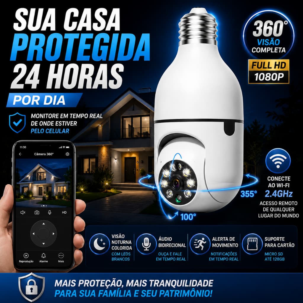 Câmera de Segurança WiFi 360° Full HD IP Visão Noturna Áudio Bivolt Controle pelo Celular