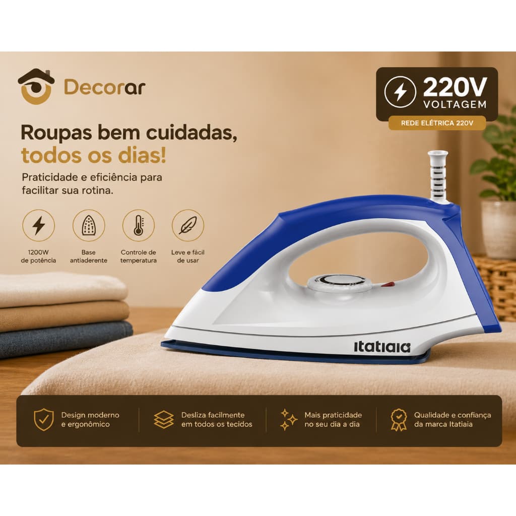 Ferro a Seco Itatiaia 1200W 220V Base Antiaderente Controle de Temperatura Branco e Azul