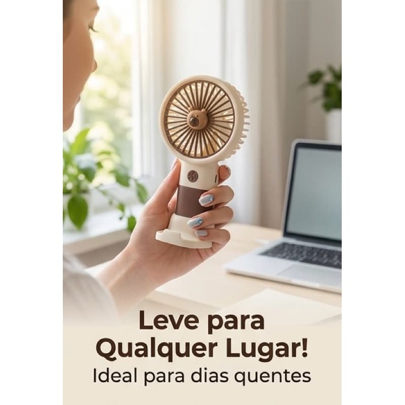 Mini Ventilador de Urso Portátil | Recarregável USB com Base | 3 Velocidades Silencioso