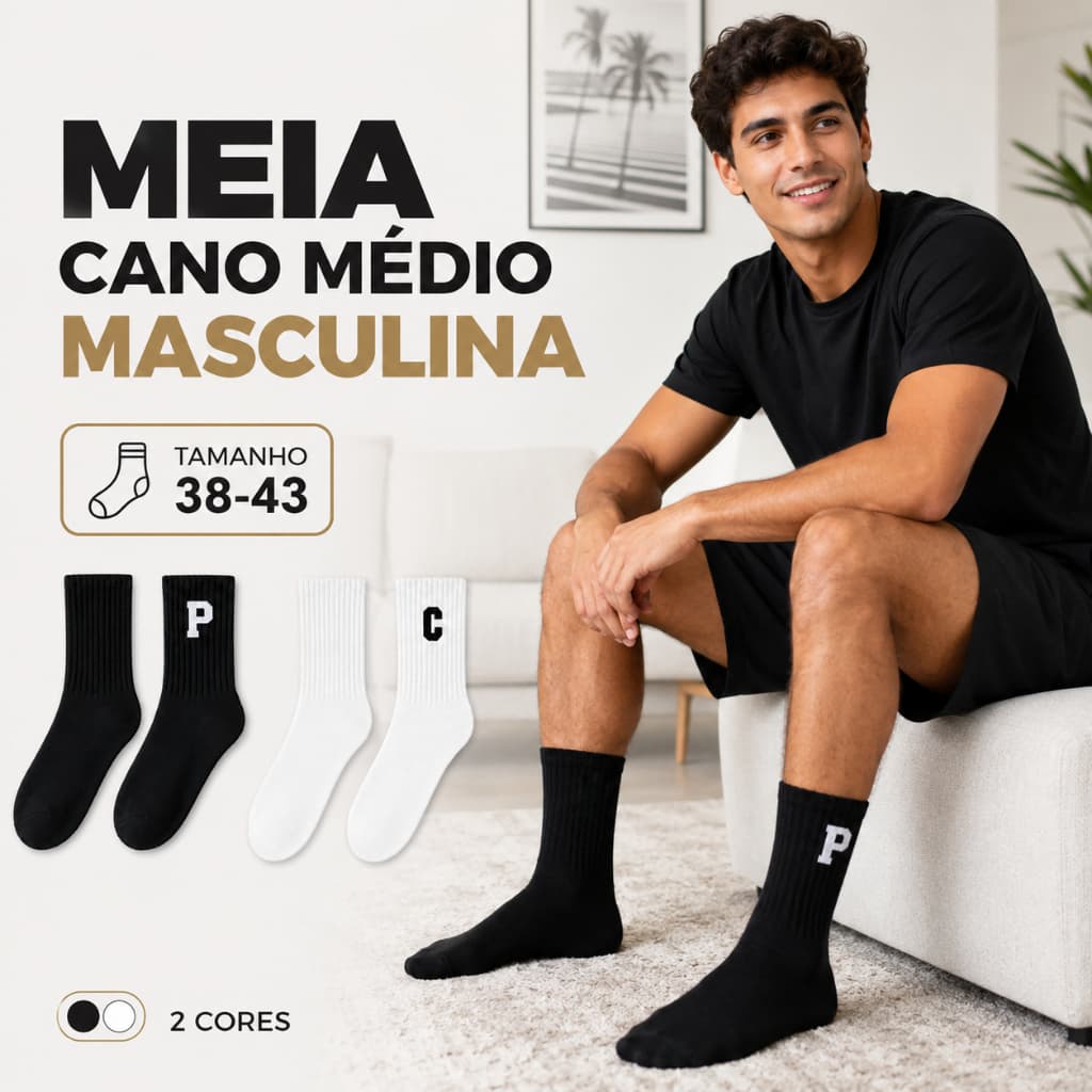 Kit 6 Pares Meia Masculina Cano Médio Casual Esportiva 38-43
