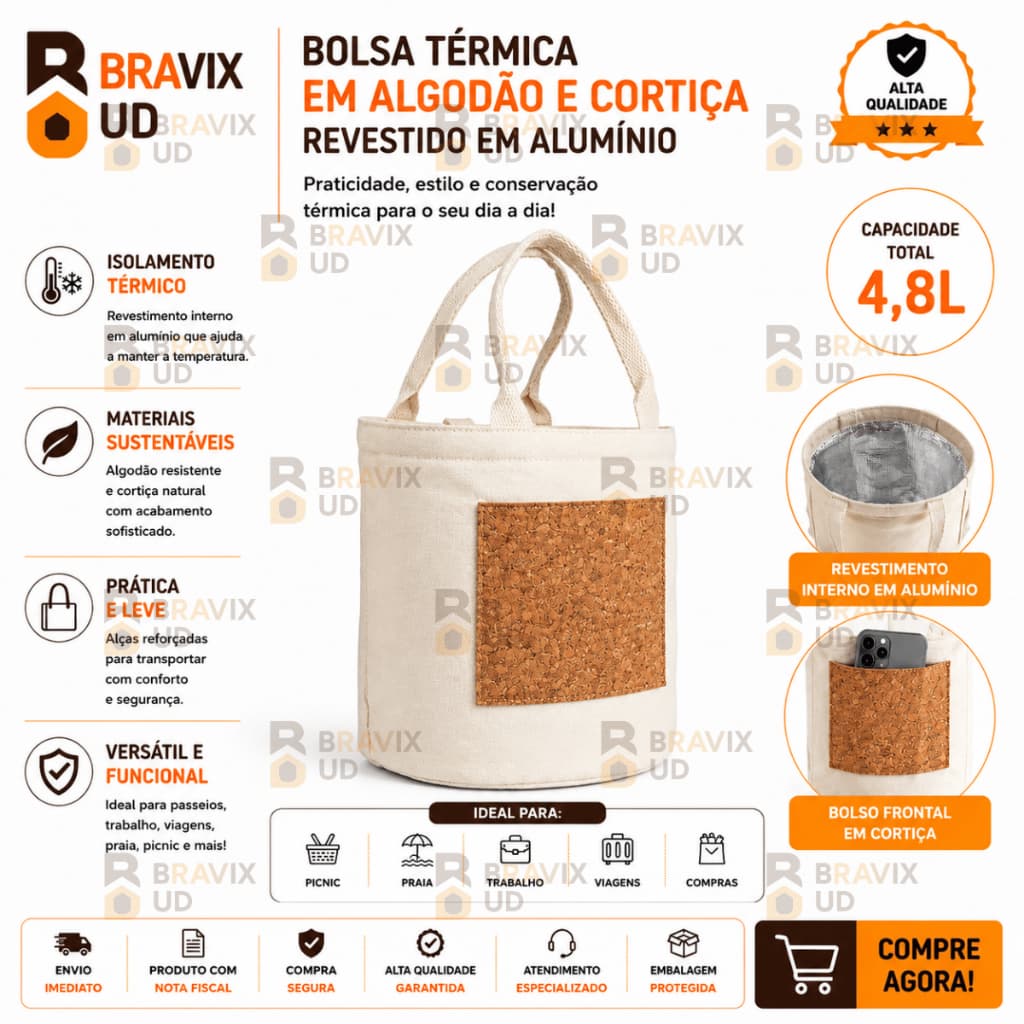 Bolsa Térmica em Algodão e Cortiça Revestido Alumínio 4,8 LITROS