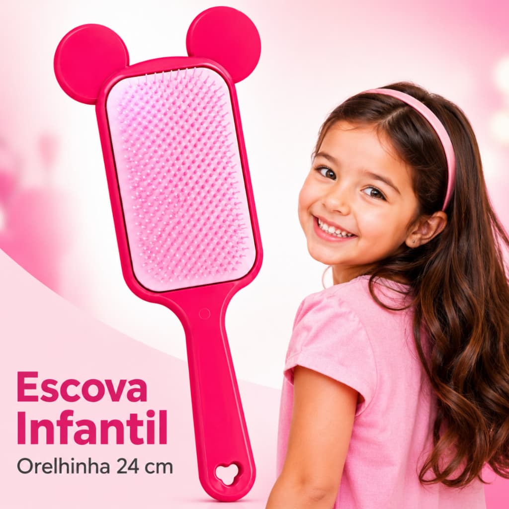 Escova Infantil Raquete Orelhinha Para Cabelo Menina Cor Sortida